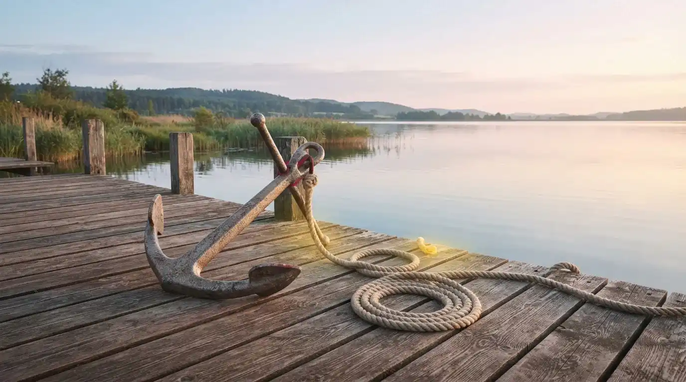 Anker auf einem Holzsteg am ruhigen Seeufer