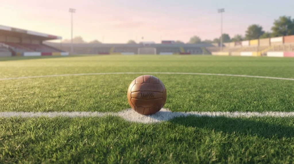 Fußball auf dem Elfmeterpunkt eines natürlich begrünten Spielfelds