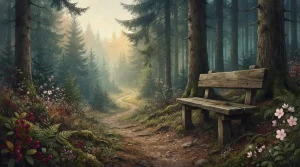 Leere Holzbank neben einem ruhigen Waldweg zwischen grünen Bäumen
