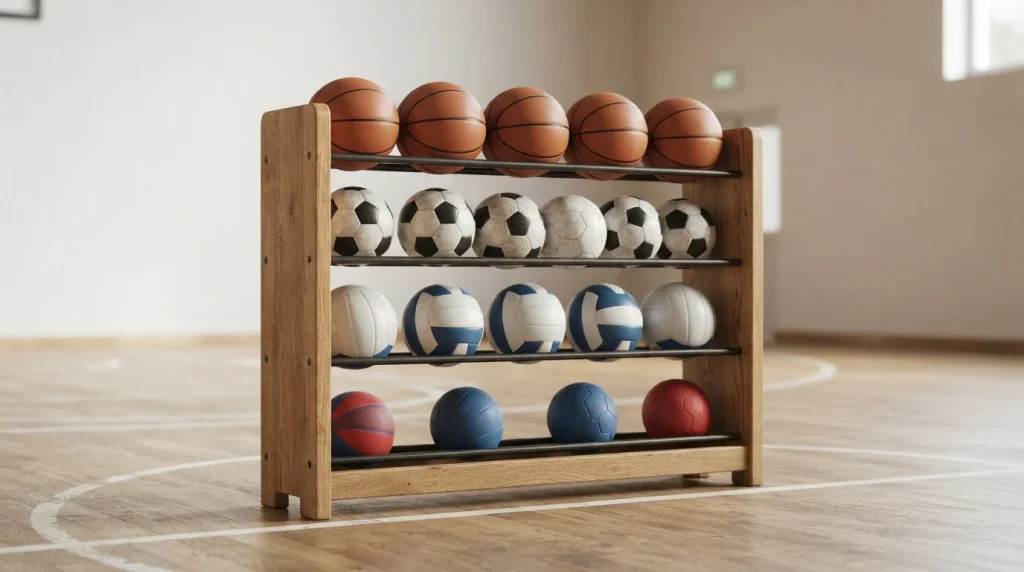 Regal mit Fußbällen, Basketbällen und weiteren Sportbällen in einer Turnhalle